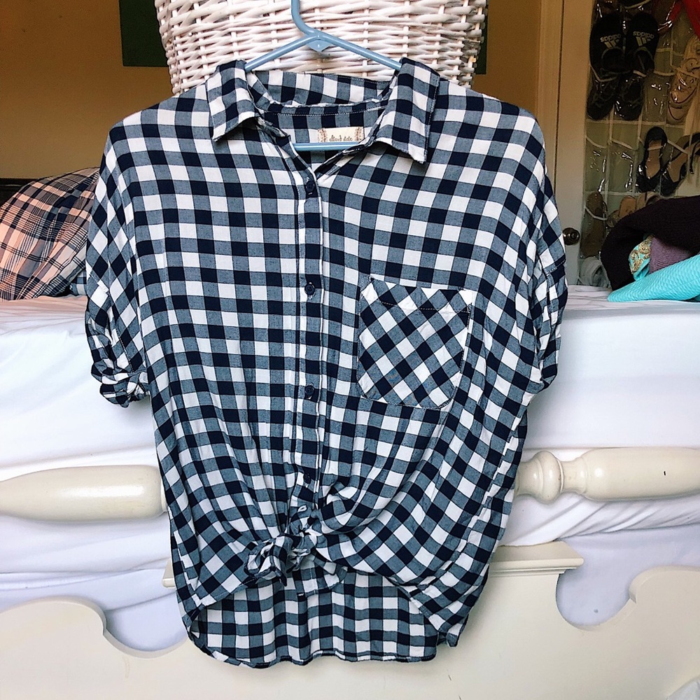 Tie Front Checkered Blouse